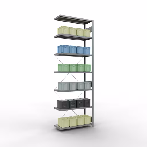 Aanbouwstelling, stelling MULTIplus250 insteeksysteem, 3000 x 1000 x 400 mm (HxBxD), 7 legborden, kruisschoor, verzinkt met GTIN 4004514203045 Aanbouwrekken, legbordstellingen, insteeksysteem MULTIplus250, 3000 x 1000 x 400 mm, 7 legborden, kruisschoor, verzinkt van Schulte Lagertechnik met artikelnr. 12947