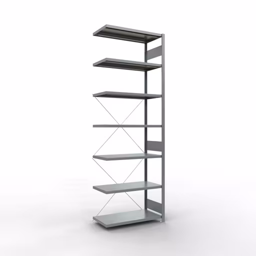 Figuur nr. 12 van het artikel aanbouwrekken, legbordstellingen, insteeksysteem MULTIplus330, 3000 x 1000 x 500 mm, 7 legborden, kruisschoor, verzinkt uit de productgroep insteeksysteem van Schulte Lagertechnik.