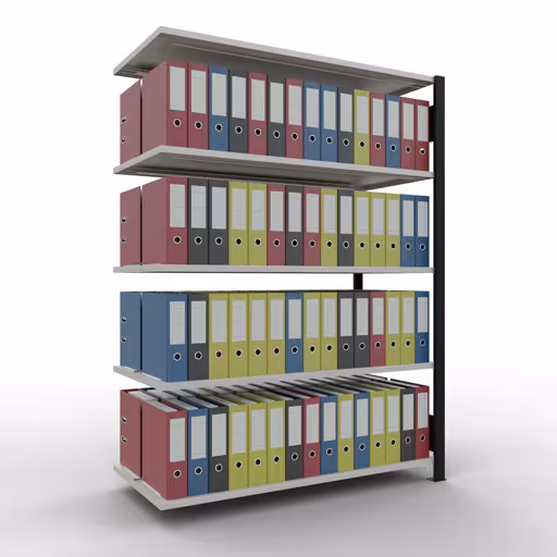 Aanbouwrek, kantoorrek, insteeksysteem MULTIplus150, 1800 x 1300 x 600 mm, 5 legborden, lengtestangen, met middenaanslag, zwart/lichtgrijs uit de categorie insteeksysteem met GTIN 4004514250063 , kantoorrekkensysteem MULTIplus150, 1800 x 1300 x 600 mm, 5 planken, met middenaanslag, zwart/lichtgrijs van Schulte Lagertechnik uit het assortiment kantoorrekken