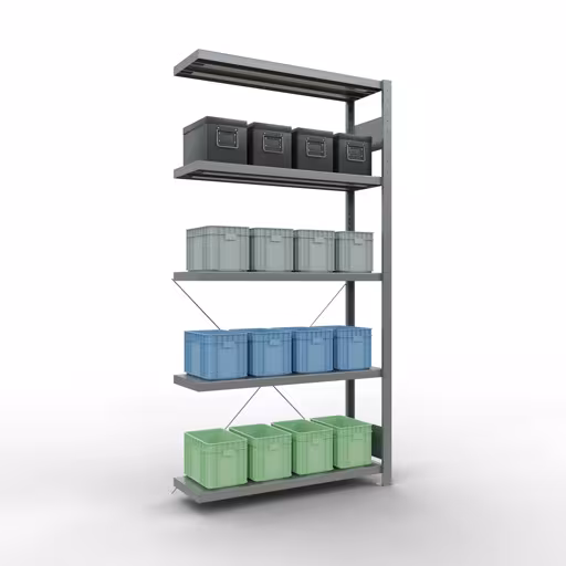 Aanbouwrekken, rekken, insteeksysteem MULTIplus330, 2000 x 1000 x 300 mm (HxBxD), 5 legborden, kruisschoor, verzinkt uit de categorie aanbouwrekken met de GTIN 4004514203236 Aanbouwrekken, rekken, insteeksysteem MULTIplus330, 2000 x 1000 x 300 mm, 5 legborden, kruisschoor, verzinkt van Schulte Lagertechnik uit het assortiment insteeksysteem