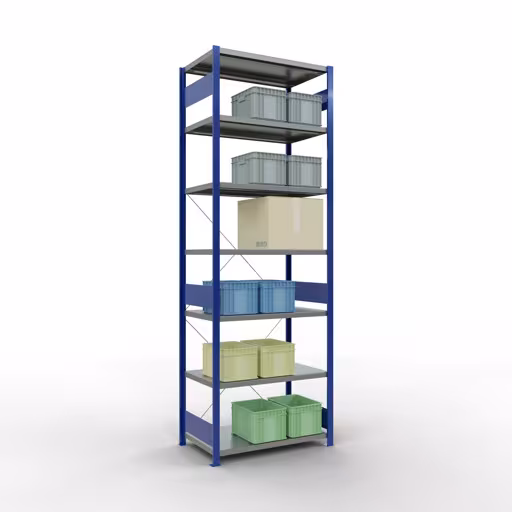 Basisplank, legbord, insteeksysteem MULTIplus250, 3000 x 1000 x 600 mm, 7 legborden, kruisschoor, RAL 5010 gentiaanblauw/verzinkt van het merk Schulte Lagertechnik uit het plug-in systeem-assortiment