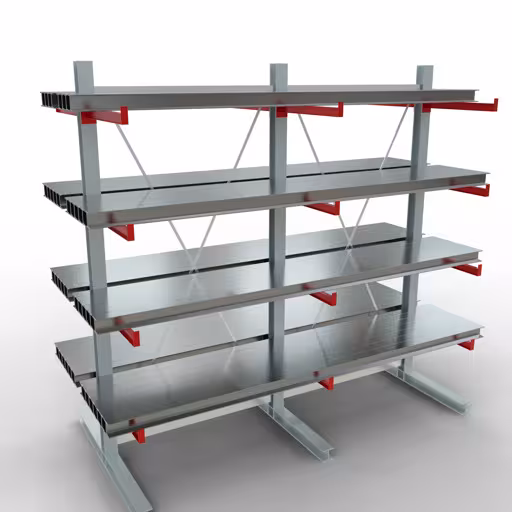 Productafbeelding nr. 10 van artikel K 6000 compleet legbord, dubbelzijdig, 3000 x 3000 x 2x 750 mm, RAL 7001 / RAL 3000, 5 opslagniveaus Afbeelding nr. 10 van artikel K 6000 complete stelling, dubbelzijdig, 3000 x 3000 x 2x 750 mm, RAL 7001 / RAL 3000, 5 opslagniveaus uit de productgroep draagarmstellingen van Schulte Lagertechnik