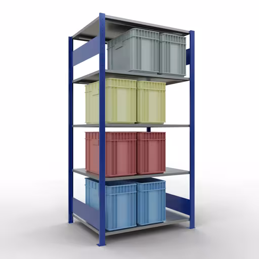 Basisplank, legbord, insteeksysteem MULTIplus150, 2000 x 1000 x 800 mm (HxBxD), 5 legborden, lengtestangen, RAL 5010 gentiaanblauw/verzinkt met de GTIN 4004514281302 Basisplank, legbord, insteeksysteem MULTIplus150, 2000 x 1000 x 800 mm, 5 legborden, RAL 5010 gentiaanblauw/verzinkt van Schulte Lagertechnik met het artikelnr. 12780-LR-B