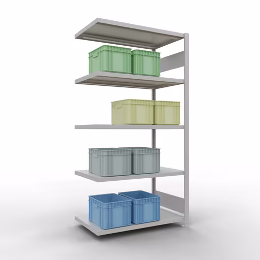 Figuur nr. 15 van het artikel aanbouwrekken, legbordstellingen, insteeksysteem MULTIplus250, 2000 x 1000 x 600 mm, 5 legborden, lengtestangen, RAL 7035 lichtgrijs uit de insteeksysteem productgroep van Schulte Lagertechnik.