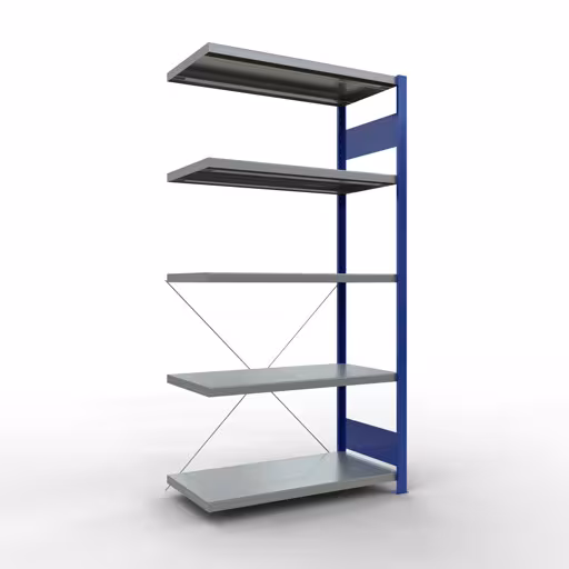 Aanbouwrekken, rekken, insteeksysteem MULTIplus330, 2000 x 1000 x 500 mm (HxBxD), 5 legborden, kruisschoor, RAL 5010 gentiaanblauw/verzinkt, aanbouwplank, art.nr. 13955-B