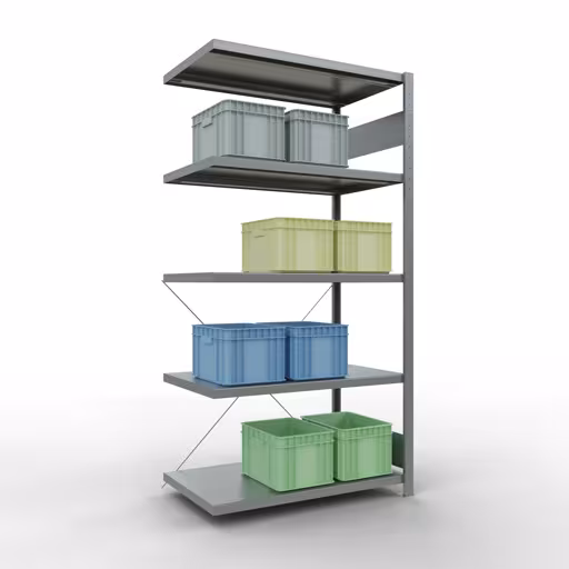 Aanbouwrekken, rekken, insteeksysteem MULTIplus330, 2000 x 1000 x 600 mm (HxBxD), 5 legborden, kruisschoor, verzinkt van Schulte Lagertechnik met artikelnr. 13965