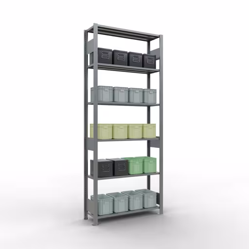 Basisplank, legplank, insteeksysteem MULTIplus150, 2500 x 1000 x 300 mm (HxBxD), 6 legborden, lengtestangen, verzinkt met artikelnr. 12731-LR Basisplank, legplank, insteeksysteem MULTIplus150, 2500 x 1000 x 300 mm, 6 legborden, lengtestangen, verzinkt van Schulte Lagertechnik uit de categorie insteeksystemen