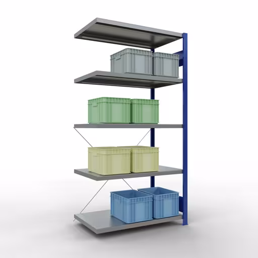 Aanbouwrekken, rekken, insteeksysteem MULTIplus250, 2000 x 1000 x 600 mm, 5 legborden, kruisschoor, RAL 5010 gentiaanblauw/verzinkt van Schulte Lagertechnik met artikelnr. 12965-B