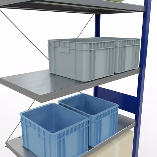 Andere weergave van het artikel Aanbouwrekken, legbord, insteeksysteem MULTIplus250, 3000 x 1000 x 500 mm, 7 legborden, kruisschoor, RAL 5010 gentiaanblauw/verzinkt uit de categorie insteeksysteem