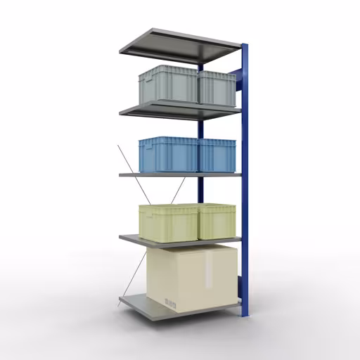 Aanbouwrekken, rekken, insteeksysteem MULTIplus150, 2000 x 750 x 600 mm (HxBxD), 5 legborden, kruisschoor, RAL 5010 gentiaanblauw/verzinkt/verzinkt met artikelnr. 12765-75-B Aanbouwrekken, rekken, insteeksysteem MULTIplus150, 2000 x 750 x 600 mm, 5 planken, RAL 5010 gentiaanblauw/verzinkt/verzinkt van Schulte Lagertechnik uit de categorie insteeksystemen