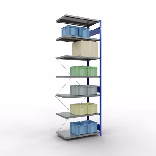 Aanbouwrekken, rekken, insteeksysteem MULTIplus330, 3000 x 1000 x 600 mm, 7 legborden, kruisschoor, RAL 5010 gentiaanblauw/verzinkt van Schulte Lagertechnik uit het assortiment insteeksysteem
