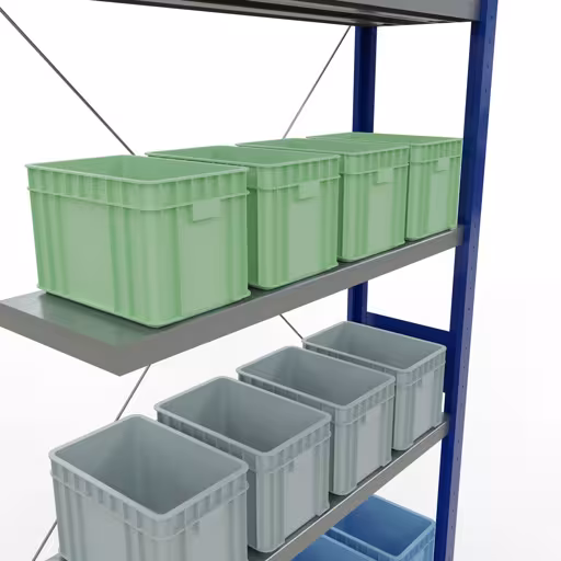 Productafbeelding nr. 11 van het artikel aanbouwplank, legbord, insteeksysteem MULTIplus250, 3000 x 1000 x 300 mm, 7 legborden, kruisschoor, RAL 5010 gentiaanblauw/verzinkt uit het insteeksysteem assortiment van het merk Schulte Lagertechnik