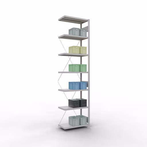 Productafbeelding nr. 15 van het artikel Aanbouwrekken, legbordstellingen, insteeksysteem MULTIplus250, 3000 x 750 x 400 mm (HxBxD), 7 legborden, kruisschoor, RAL 7035 lichtgrijs Figuur nr. 15 van het artikel aanbouwrekken, legbordstellingen, insteeksysteem MULTIplus250, 3000 x 750 x 400 mm, 7 legborden, kruisschoor, RAL 7035 lichtgrijs uit de insteeksysteem productgroep van Schulte Lagertechnik.