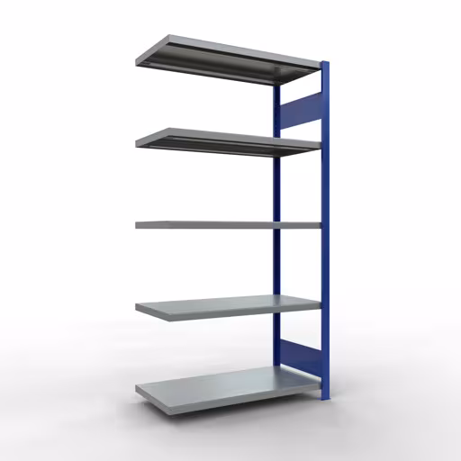 Aanbouwrekken, rekken, insteeksysteem MULTIplus330, 2000 x 1000 x 500 mm (HxBxD), 5 legborden, lengtebalk, RAL 5010 gentiaanblauw/verzinkt, aanbouwplank, art.nr. 13955-LR-B