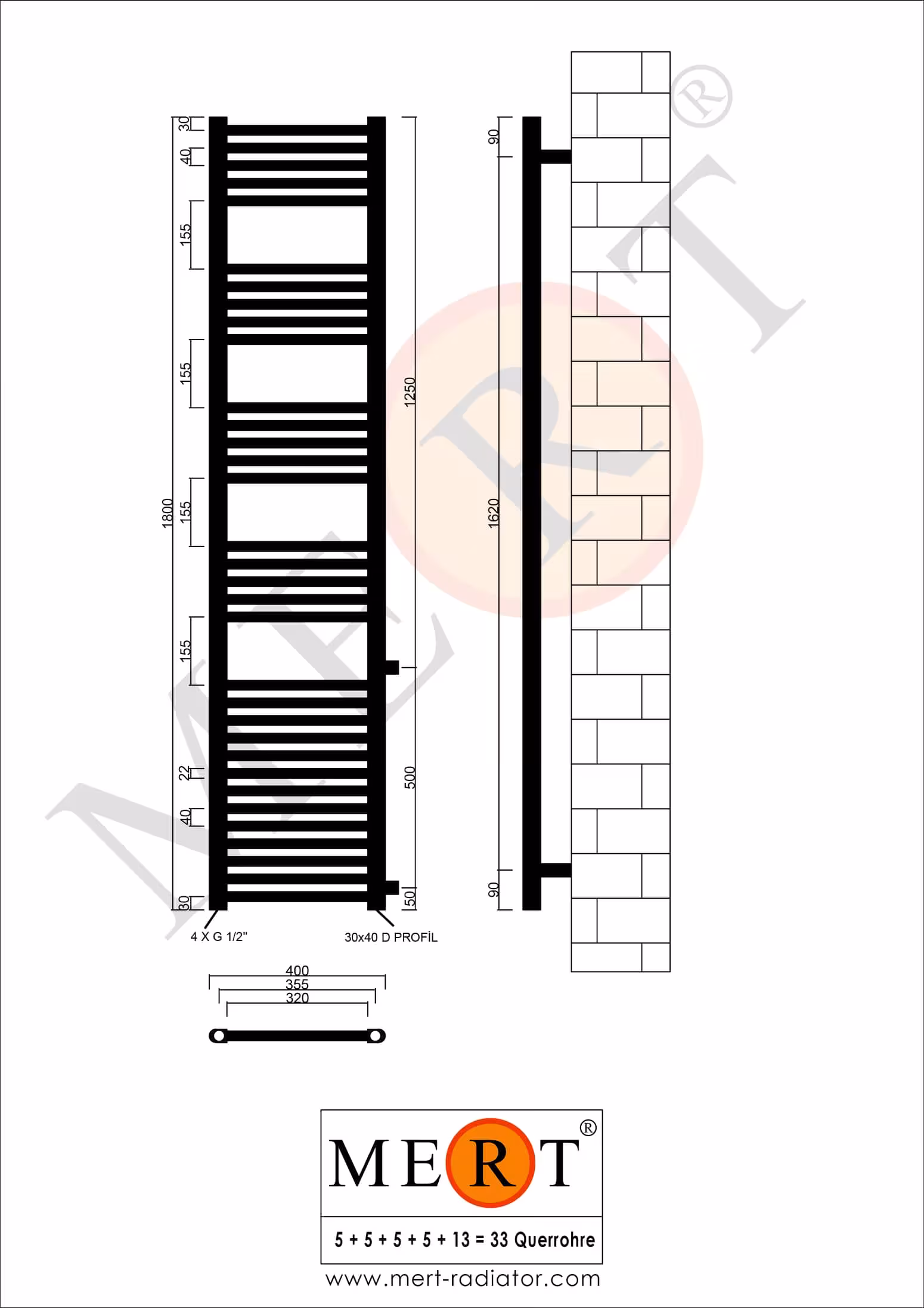 MERT vervangende badkamerradiator wit recht, 400*1800 mm, zijdelingse aansluiting 500 mm van MERT met het artikelnr. 1-40x180-ASR-50