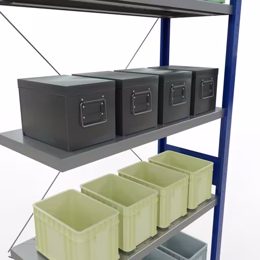 Extra afbeelding van het artikel Aanbouwplank, stellingkast MULTIplus330 insteeksysteem, 3000 x 1000 x 400 mm (HxBxD), 7 legborden, kruisschoor, RAL 5010 gentiaanblauw/verzinkt vanaf aanbouwplank