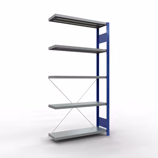 Andere weergave van het artikel Aanbouwplank, legbord, insteeksysteem MULTIplus250, 2000 x 1000 x 300 mm, 5 legborden, kruisschoor, RAL 5010 gentiaanblauw/verzinkt uit de categorie insteeksysteem