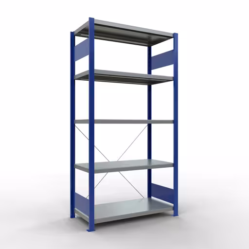 Figuur nr. Artikel 12 basisplank, legplank, insteeksysteem MULTIplus330, 2000 x 1000 x 500 mm, 5 legborden, kruisschoor, RAL 5010 gentiaanblauw/verzinkt uit de insteeksysteem productgroep van Schulte Lagertechnik