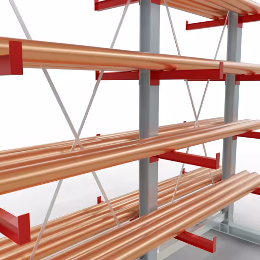 Productafbeelding nr. 11 van artikel K 3000 complete plank, dubbelzijdig, 2500 x 2600 x 500 mm, RAL 7001 / RAL 3000, 5 opslagniveaus Figuur nr. 11 van het artikel K 3000 complete stelling, dubbelzijdig, 2500 x 2600 x 500 mm, RAL 7001 / RAL 3000, 5 opslagniveaus uit de productgroep draagarmstellingen van Schulte Lagertechnik.