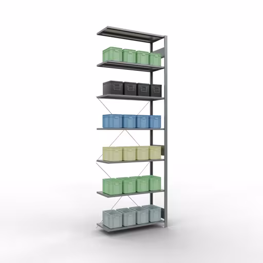 Productafbeelding nr. 16 van het artikel Aanbouwrekken, stellingrekken, insteeksysteem MULTIplus85, 3000 x 1000 x 400 mm (HxBxD), 7 legborden, kruisschoor, verzinkt Figuur nr. 16 van het artikel aanbouwrekken, legbordstellingen, insteeksysteem MULTIplus85, 3000 x 1000 x 400 mm, 7 legborden, verzinkt uit de productgroep insteeksysteem van het merk Schulte Lagertechnik.