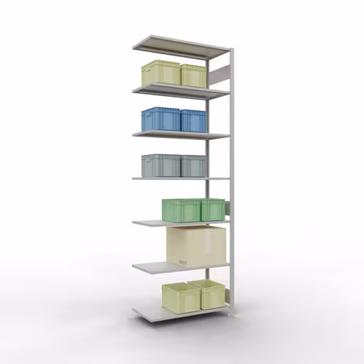 Extra afbeelding van het artikel Aanbouwrekken, legbordstellingen, insteeksysteem MULTIplus150, 3000 x 1000 x 500 mm (HxBxD), 7 legborden, lengtestangen, RAL 7035 lichtgrijs Extra afbeelding van het artikel Aanbouwplank, stellingkast MULTIplus150, 3000 x 1000 x 500 mm, 7 planken, RAL 7035 lichtgrijs van aanbouwplank