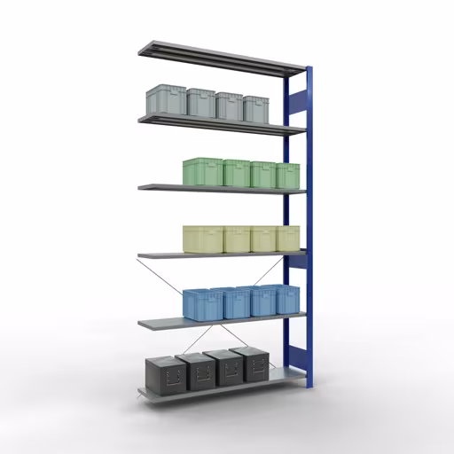 Aanbouwrekken, legborden, insteeksysteem MULTIplus150, 2500 x 1300 x 300 mm (HxBxD), 6 legborden, kruisschoor, RAL 5010 gentiaanblauw/verzinkt met de GTIN 4004514279743 Aanbouwrekken, legbordstellingen, insteeksysteem MULTIplus150, 2500 x 1300 x 300 mm, 6 legborden, RAL 5010 gentiaanblauw/verzinkt van Schulte Lagertechnik met artikelnr. 12736-130-B