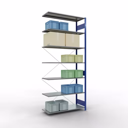 Aanbouwrekken, rekken, insteeksysteem MULTIplus150, 3000 x 1300 x 500 mm, 7 legborden, RAL 5010 gentiaanblauw/gegalvaniseerd van het merk Schulte Lagertechnik uit het assortiment insteeksysteem