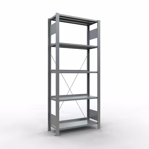 Basisplank, kantoorstelling, insteeksysteem MULTIplus85, 1800 x 750 x 300 mm (HxBxD), 5 legborden, dwarsschoor, verzinkt, met stoplijst, insteeksysteem, art.nr. 17700