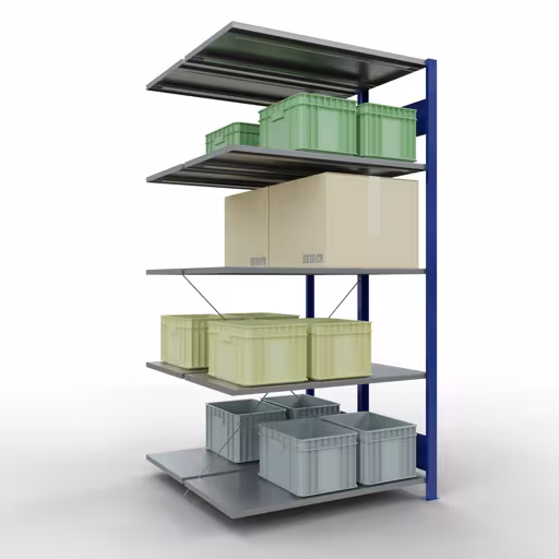 Andere weergave van het artikel Aanbouwplank, dubbele plank, legplank-insteeksysteem MULTIplus150, 2000 x 1000 x (2x500) mm (HxBxD), 2x5 legborden, kruisschoor, RAL 5010 gentiaanblauw Andere weergave van het artikel Aanbouwplank, dubbele plank, legplank-insteeksysteem MULTIplus150, 2000 x 1000 x (2x500) mm, 2x5 legborden, kruisschoor, RAL 5010 gentiaanblauw uit de categorie legborden