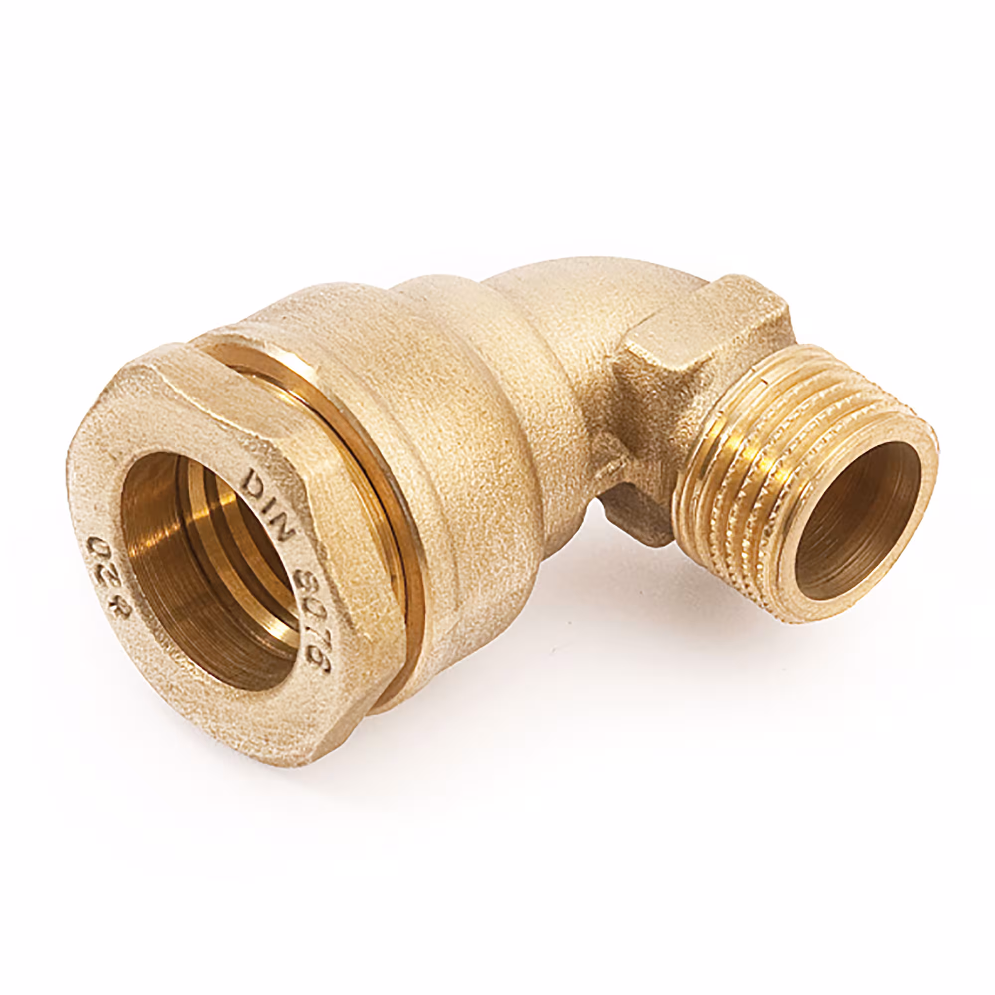 PE hoek messing 20 mm 1/2 inch AG van General Fittings Hoek met overgang van PE-buis naar buitendraad, PE-buis messing fittingen, art.nr. 480021H042000A