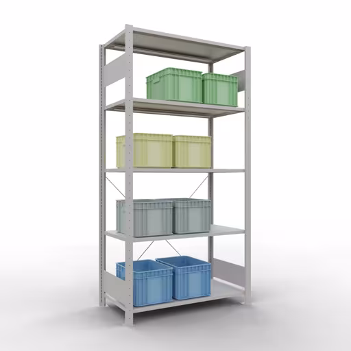 Productafbeelding nr. 16 van het artikel basisplank, legbord, insteeksysteem MULTIplus85, 2000 x 1000 x 500 mm (HxBxD), 5 legborden, kruisschoor, RAL 7035 lichtgrijs Figuur nr. 16 van het artikel basisrek, legplank-insteeksysteem MULTIplus85, 2000 x 1000 x 500 mm, 5 legborden, RAL 7035 lichtgrijs uit de productgroep insteeksysteem van het merk Schulte Lagertechnik.