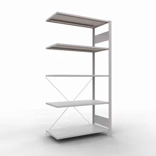 Aanbouwrekken, rekken, insteeksysteem MULTIplus85, 2000 x 1000 x 500 mm (HxBxD), 5 planken, kruisschoor, RAL 7035 lichtgrijs van Schulte Lagertechnik Aanbouwrekken, rekken, insteeksysteem MULTIplus85, 2000 x 1000 x 500 mm (HxBxD), 5 legborden, kruisschoor, RAL 7035 lichtgrijs, aanbouwplank, art.nr. 33055