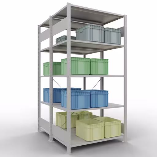 Basisplank, dubbele plank, rekkensysteem MULTIplus150, 2000 x 1000 x (2x600) mm (HxBxD), 2x5 planken, kruisschoor, RAL 7035 lichtgrijs uit de categorie dubbele rekken met de GTIN 4004514208217 Basisplank, dubbele plank, rekkensysteem MULTIplus150, 2000 x 1000 x (2x600) mm, 2x5 planken, RAL 7035 lichtgrijs van het merk Schulte Lagertechnik uit het rekkenassortiment