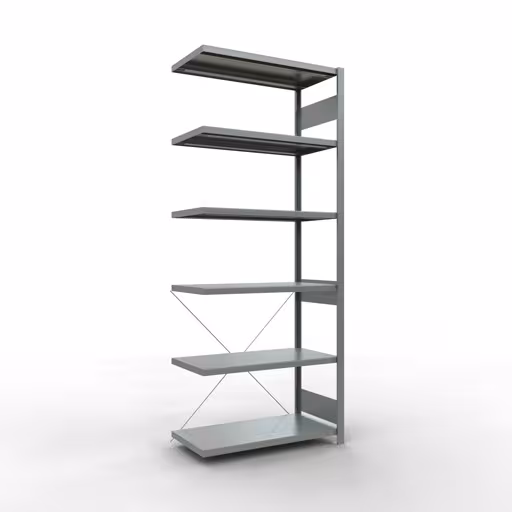 Aanbouwrekken, legborden, insteeksysteem MULTIplus330, 2500 x 1000 x 500 mm (HxBxD), 6 legborden, kruisschoor, verzinkt, aanbouwplank, art.nr. 13956