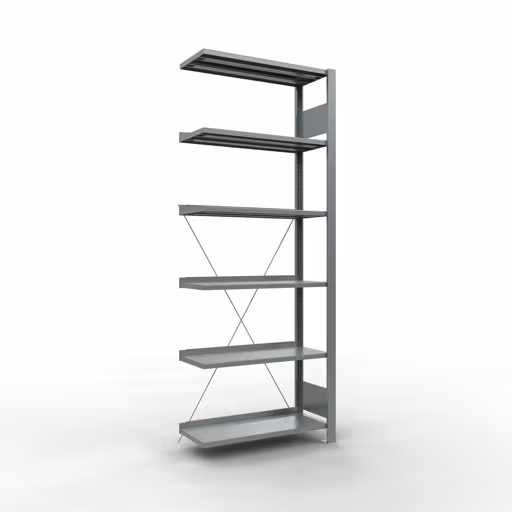 Aanbouwstelling, kantoorstelling, insteeksysteem MULTIplus85, 2000 x 750 x 300 mm (HxBxD), 6 legborden, kruisschoor, verzinkt, met aanslaglijst, insteeksysteem, art.nr. 17709