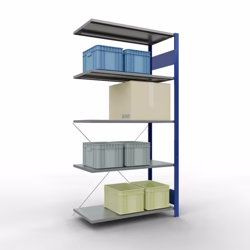 Aanbouwrekken, rekken, insteeksysteem MULTIplus150, 2000 x 1000 x 500 mm (HxBxD), 5 legborden, kruisschoor, RAL 5010/verzinkt uit de categorie aanbouwrekken met GTIN 4004514208804 Aanbouwrekken, rekken, insteeksysteem MULTIplus150, 2000 x 1000 x 500 mm, 5 legborden, RAL 5010/verzinkt van het merk Schulte Lagertechnik uit het assortiment insteeksysteem