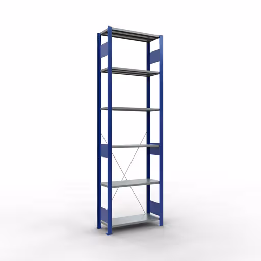 Basisplank, legplank, insteeksysteem MULTIplus150, 2500 x 750 x 300 mm (HxBxD), 6 legborden, kruisschoor, RAL 5010 gentiaanblauw/verzinkt/verzinkt, basisplank, art.nr. 12731-75-B