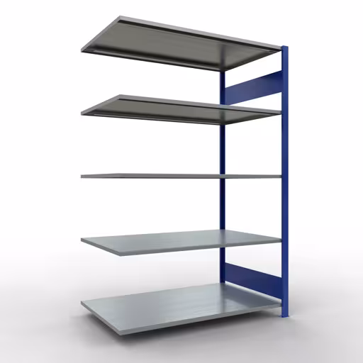 Aanbouwrekken, rekken, insteeksysteem MULTIplus150, 2000 x 1300 x 800 mm (HxBxD), 5 planken, lengtestangen, RAL 5010 gentiaanblauw/gegalvaniseerd van Schulte Lagertechnik Aanbouwrekken, rekken, insteeksysteem MULTIplus150, 2000 x 1300 x 800 mm (HxBxD), 5 legborden, lengtebalk, RAL 5010 gentiaanblauw/verzinkt, aanbouwplank, art.nr. 12785-130-LR-B