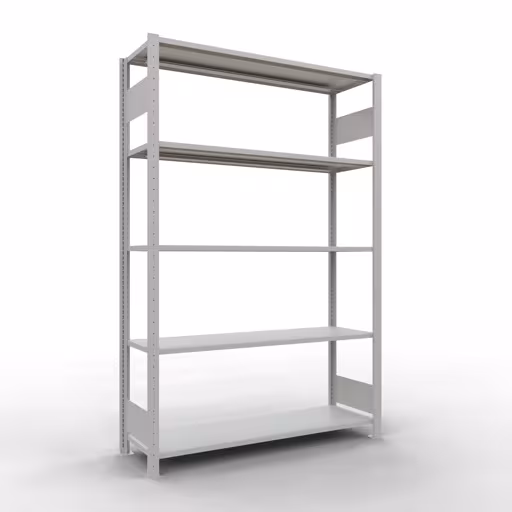 Basisplank, legplank, insteeksysteem MULTIplus150, 2000 x 1300 x 400 mm (HxBxD), 5 legborden, lengtestang, RAL 7035 lichtgrijs, basisplank, art.nr. 32640-130-LR