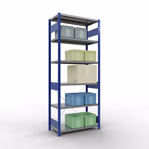 Basisplank, legbord, insteeksysteem MULTIplus250, 2500 x 1000 x 500 mm, 6 legborden, kruisschoor, RAL 5010 gentiaanblauw/verzinkt van het merk Schulte Lagertechnik uit het plug-in systeem-assortiment