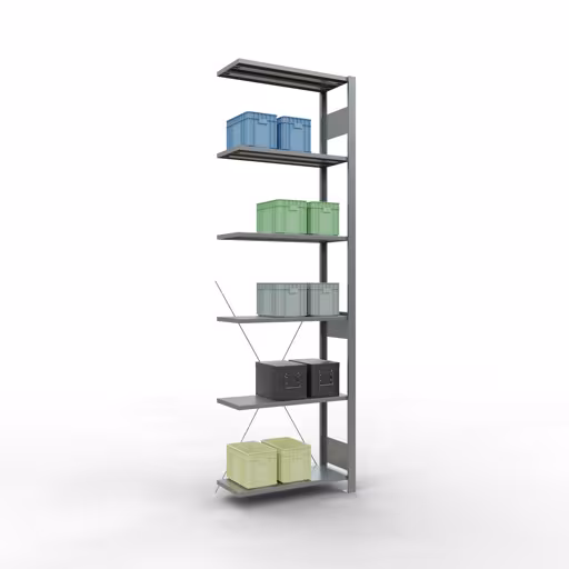 Aanbouwrekken, legborden, insteeksysteem MULTIplus150, 2500 x 750 x 300 mm (HxBxD), 6 legborden, kruisschoor, verzinkt met art.nr. 12736-75 Aanbouwrekken, rekken, insteeksysteem MULTIplus150, 2500 x 750 x 300 mm, 6 legborden, kruisschoor, verzinkt van Schulte Lagertechnik uit de categorie insteeksystemen