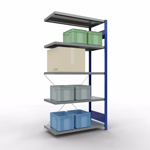 Extra afbeelding van het artikel Aanbouwplank, legbord, insteeksysteem MULTIplus250, 2000 x 1000 x 500 mm, 5 legborden, kruisschoor, RAL 5010 gentiaanblauw/verzinkt Extra afbeelding van het artikel Aanbouwplank, legplank, insteeksysteem MULTIplus250, 2000 x 1000 x 500 mm, 5 legborden, kruisschoor, RAL 5010 gentiaanblauw/verzinkt vanaf opzetplank