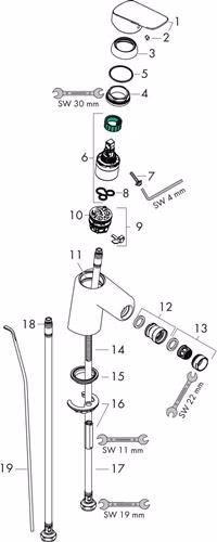Technische Zeichnung 4062819 Hansgrohe ééngreeps bidetmengkraan 70 LOGIS nominale maat 15 met kabelwaste G 1 1/4 inch chroom