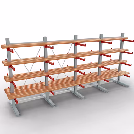 Productafbeelding nr. 10 van artikel K 3000 complete plank, dubbelzijdig, 2500 x 5200 x 600 mm, RAL 7001 / RAL 3000, 5 opslagniveaus Figuur nr. 10 van het artikel K 3000 complete stelling, dubbelzijdig, 2500 x 5200 x 600 mm, RAL 7001 / RAL 3000, 5 opslagniveaus uit de productgroep draagarmstellingen van Schulte Lagertechnik.
