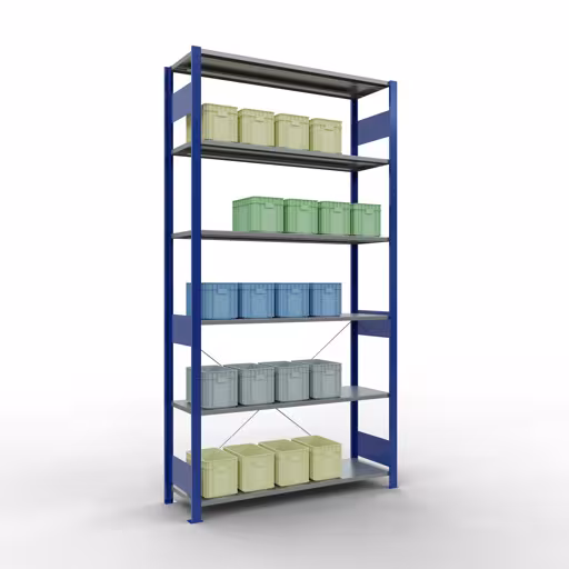 Basisplank, legbord, insteeksysteem MULTIplus150, 2500 x 1300 x 400 mm (HxBxD), 6 legborden, kruisschoor, RAL 5010 gentiaanblauw/verzinkt met artikelnr. 12741-130-B Basisplank, legbord, insteeksysteem MULTIplus150, 2500 x 1300 x 400 mm, 6 legborden, RAL 5010 gentiaanblauw/verzinkt van Schulte Lagertechnik uit de categorie insteeksystemen