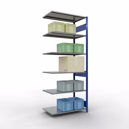 Productafbeelding nr. 12 van het artikel Aanbouwrekken, legbordstellingen, insteeksysteem MULTIplus85, 2500 x 1000 x 600 mm (HxBxD), 6 legborden, lengtestangen, RAL 5010 gentiaanblauw Figuur nr. 12 van het artikel aanbouwrekken, legbordstellingen, insteeksysteem MULTIplus85, 2500 x 1000 x 600 mm, 6 legborden, RAL 5010 gentiaanblauw uit de productgroep insteeksysteem van het merk Schulte Lagertechnik.