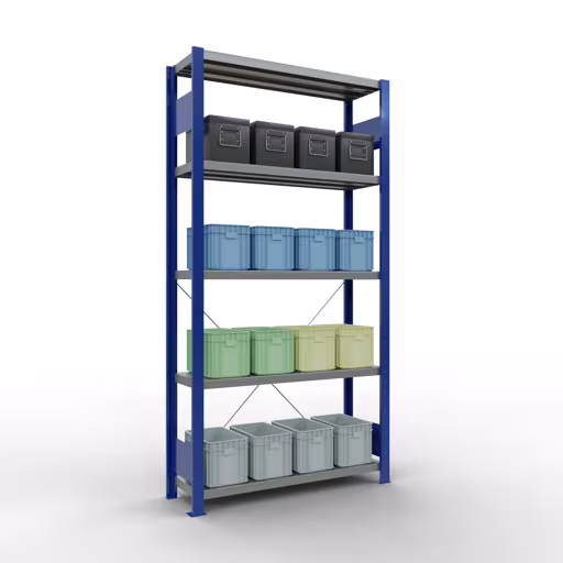 Productafbeelding nr. 15 van het artikel basisplank, legbord, insteeksysteem MULTIplus250, 2000 x 1000 x 300 mm, 5 legborden, kruisschoor, RAL 5010 gentiaanblauw/verzinkt uit het insteeksysteem assortiment van het merk Schulte Lagertechnik