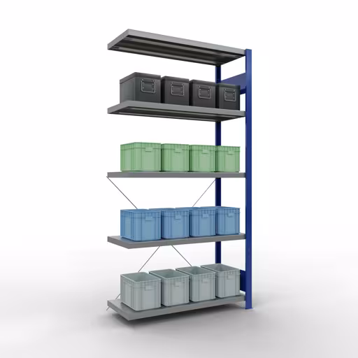 Afbeelding nr. 9 van het artikel aanbouwrekken, legbordstellingen, insteeksysteem MULTIplus330, 2000 x 1000 x 400 mm (HxBxD), 5 legborden, kruisschoor, RAL 5010 gentiaanblauw/verzinkt uit de productgroep insteeksysteem van het merk Schulte Lagertechnik.