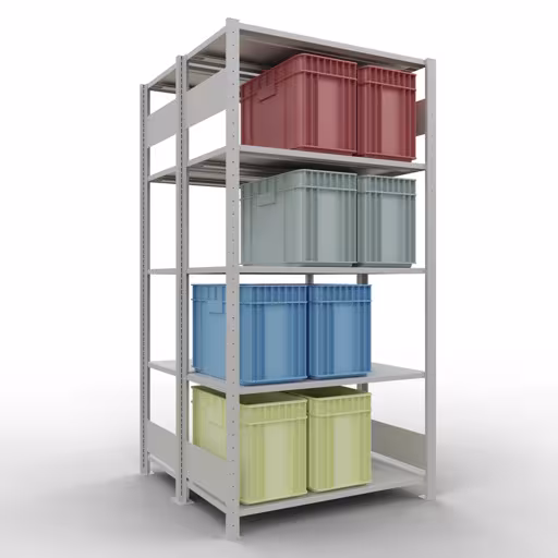 Basisplank, dubbele plank, stellingsysteem MULTIplus150, 2000 x 1000 x (2x500) mm (HxBxD), 2x5 planken, lengtestangen, RAL 7035 lichtgrijs met de GTIN 4004514269959 Basisplank, dubbele plank, plankplank, insteeksysteem MULTIplus150, 2000 x 1000 x (2x500) mm, 2x5 planken, RAL 7035 lichtgrijs van Schulte Lagertechnik met het artikelnr. 33150