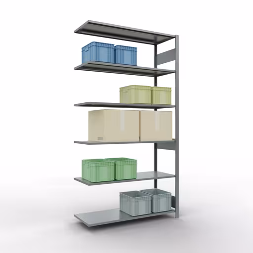 Aanbouwrekken, legborden, insteeksysteem MULTIplus150, 2500 x 1300 x 500 mm (HxBxD), 6 legborden, lengtestangen, verzinkt met artikelnr. 12756-130-LR Aanbouwrekken, rekken, insteeksysteem MULTIplus150, 2500 x 1300 x 500 mm, 6 legborden, lengtestangen, verzinkt van Schulte Lagertechnik uit de categorie insteeksystemen